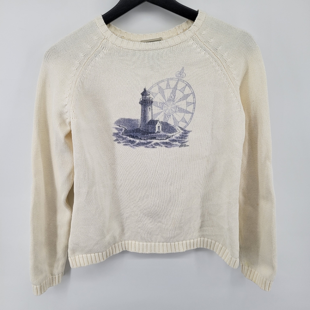 LL Bean Sweater Cotton  Small Off White Lighthouse Compass Rare Pullover Small